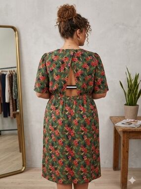 Molly Bracken Floral Green Short-Sleeve Midi Dress Sz 1X